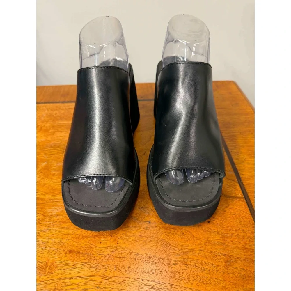 Vintage Candies Women's 9 Black Platform Wedge Slide Sandals Peep Toe Mules